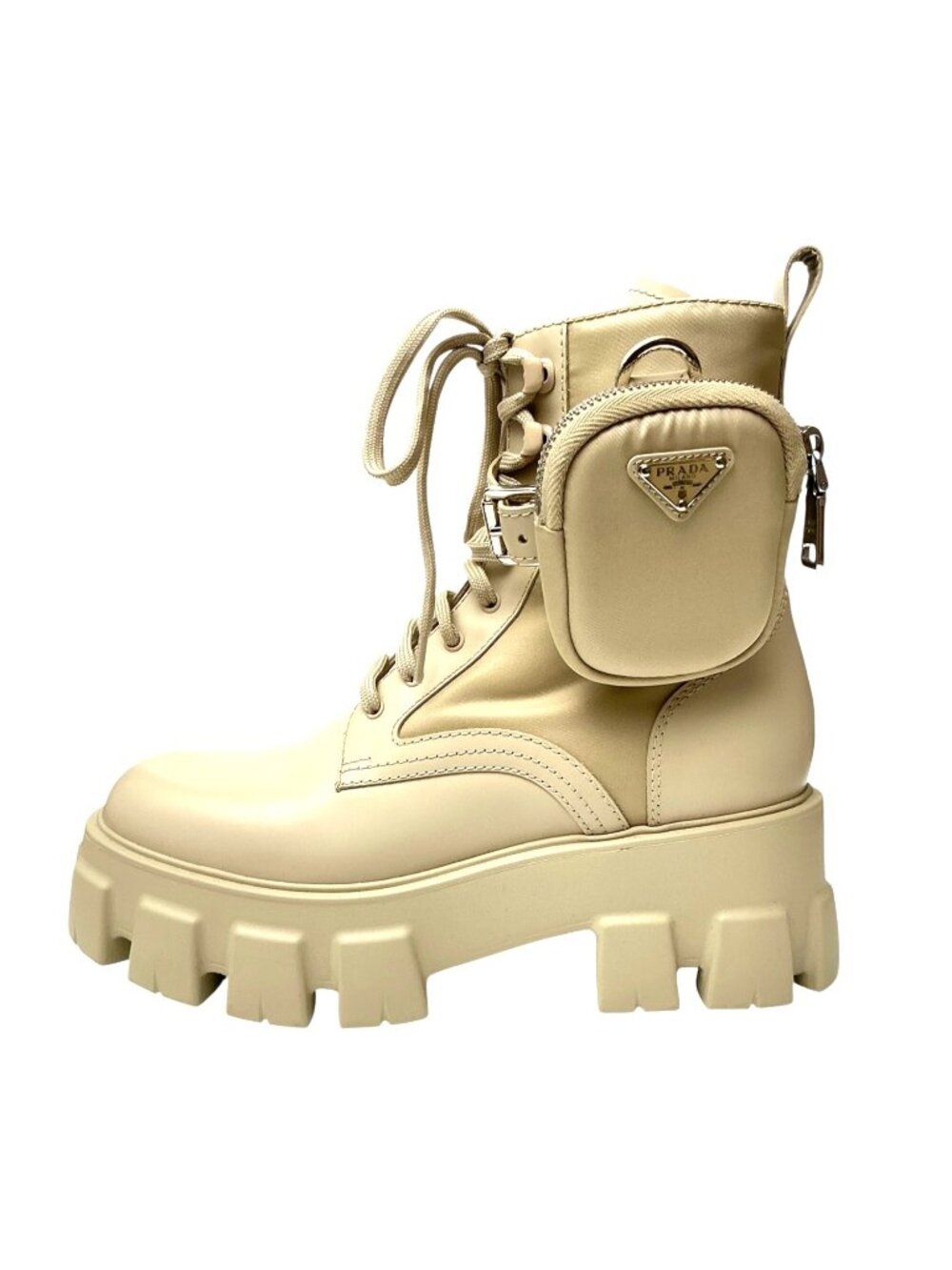 PRADA Monolith Desert Beige Combat Boots With Logo Pouch sz 8.5